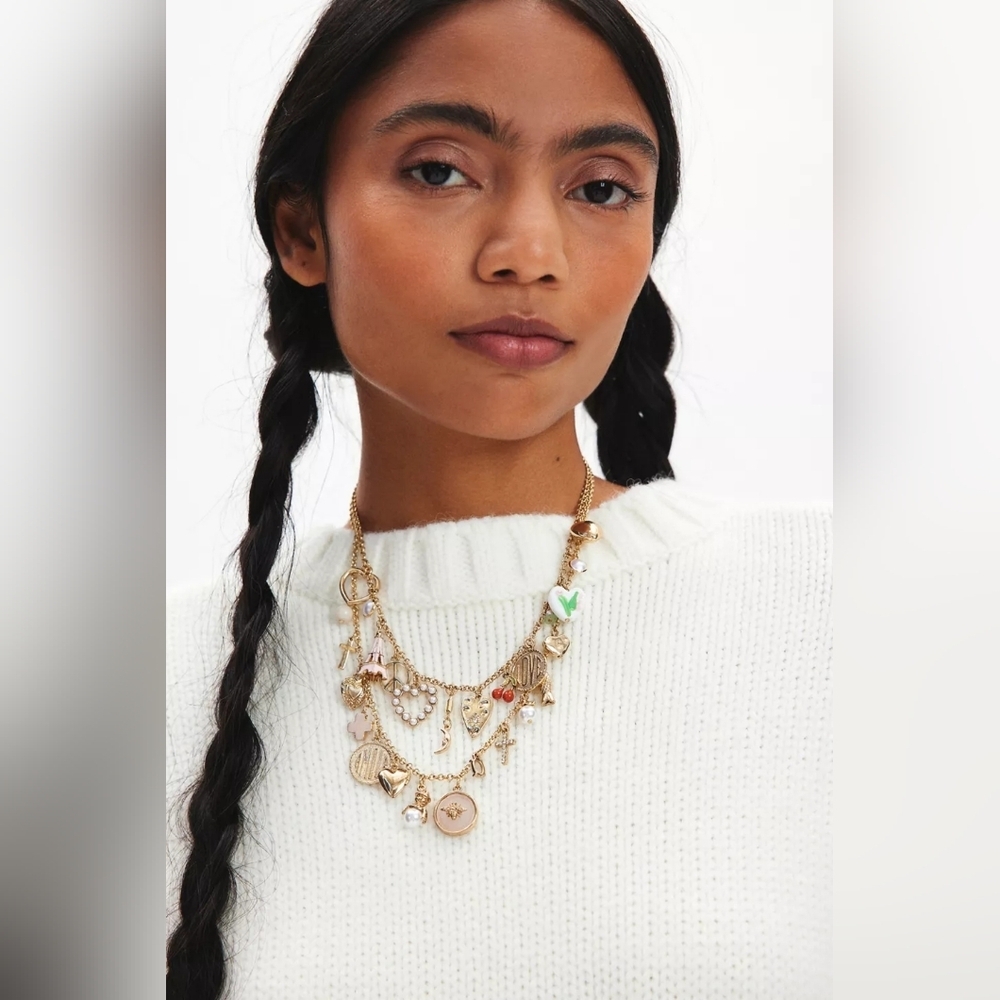 Urban Outfitters Gold Multi-Charm Layered Necklace with Enamel Accents